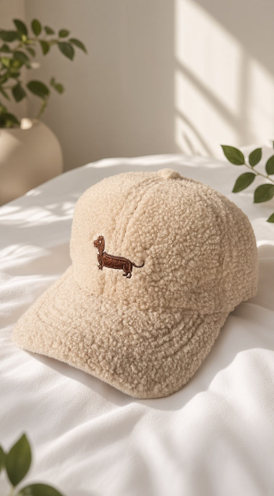Casquette peluche beige brodée teckel